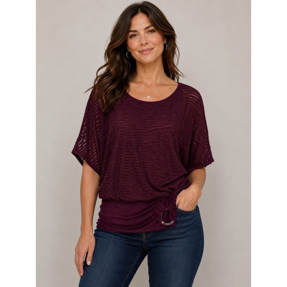 AB Studio Womens Burgundy Burnout Layered Dolman Sleeve Blouse Ring Detail L